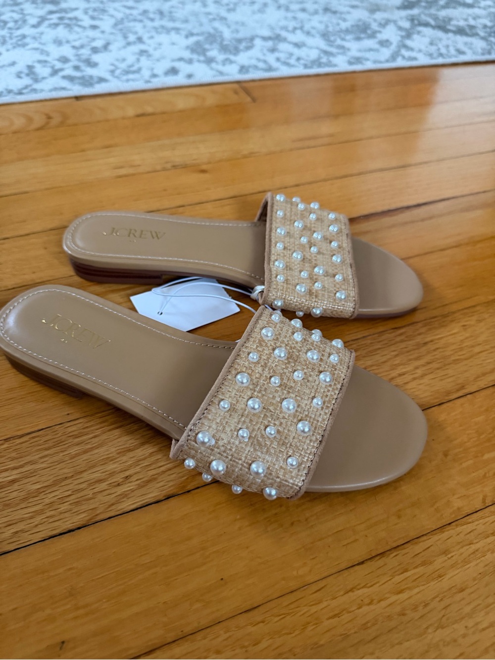 J. Crew Beige Pearl-Embellished Slide Sandals